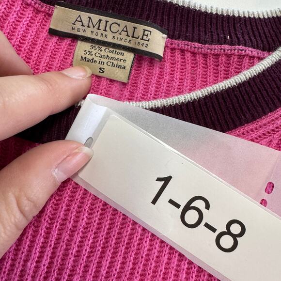 Amicale Sweater Womens Small Pink Colorblock Ribbed Knit Cotton Cashmere - Picture 3 of 6